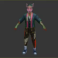 Horned Demon Character In Blue Pink Kimono Style Outfit With Clawed Hands Black Pants
