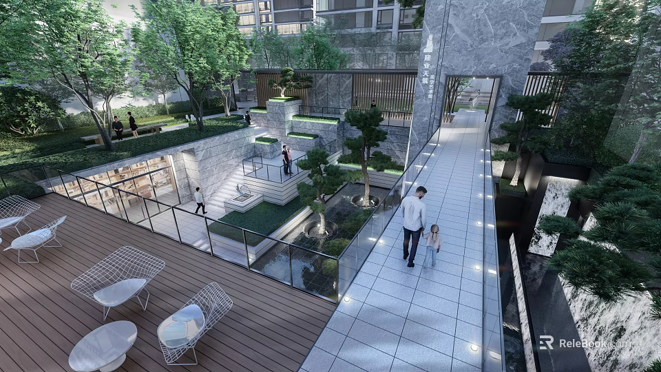 Modern Feature Wall in Courtyard with Greenery Stone Pathway and People Walking 3d model 