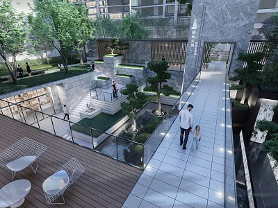 Modern Feature Wall in Courtyard with Greenery Stone Pathway and People Walking 3d model