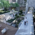 Modern Feature Wall in Courtyard with Greenery Stone Pathway and People Walking