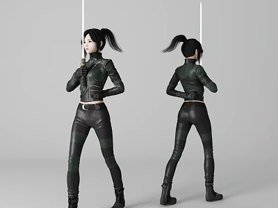 Woman In Green And Black Tight Outfit With Ponytail Front And Back Views 3d model