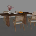 Solid Wood Dining Table and Chair Combination Rectangular Rattan Dining Chair Vase Ornaments 3d model