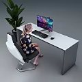 Modern Home Office Desk With Computer Monitor Keyboard Mouse And Green Plant Nearby
