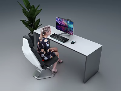 Modern Home Office Desk With Computer Monitor Keyboard Mouse And Green Plant Nearby 3d model