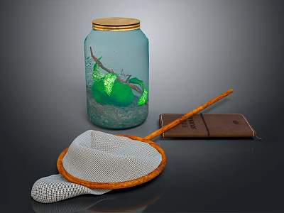 Glass Jar With Gold Lid Containing Green Glowing Elements Strainer And Brown Box 3d model