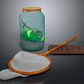 Glass Jar With Gold Lid Containing Green Glowing Elements Strainer And Brown Box