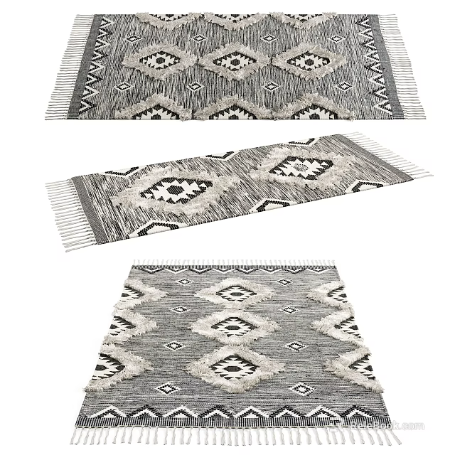 Square Area Rug With Geometric Diamond Patterns And Fringed Edges In Neutral Tones 3d model 