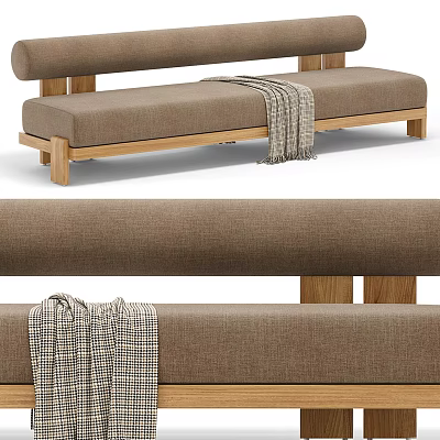Stylish Outdoor Bench With Wooden Frame Brown Cushion And Plaid Blanket 3d model