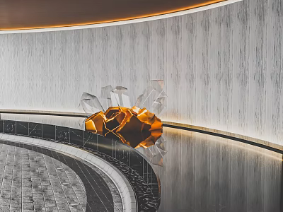 Modern Geometric Sculpture With Transparent And Golden Elements On Gray Curved Wall 3d model