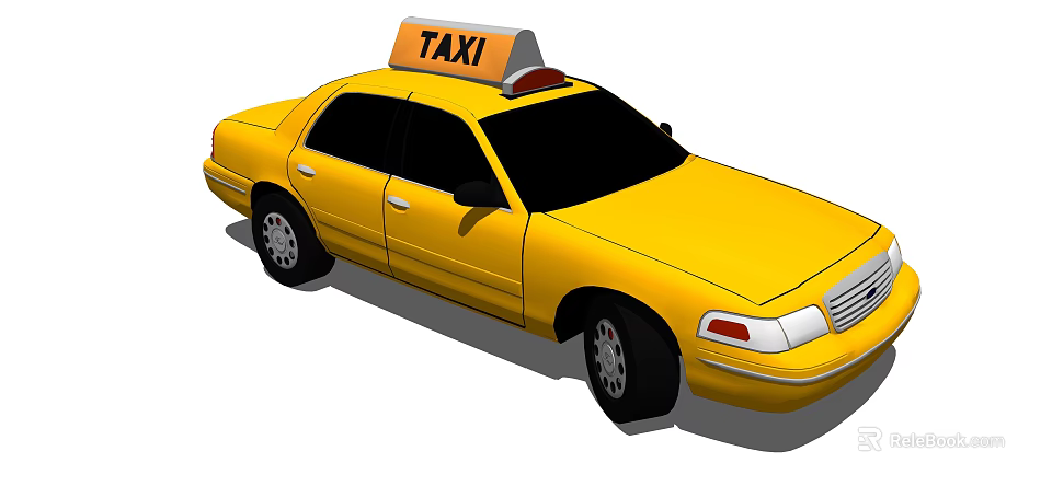 Yellow Taxi Cab With Roof Sign And Red Light On Urban Road 3d model 