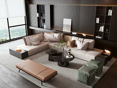 Modern Sofa Coffee Table Combination With Beige L-shaped Sofa Black Table Brown Bench Green Ottomans 3d model