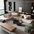 Modern Sofa Coffee Table Combination With Beige L-shaped Sofa Black Table Brown Bench Green Ottomans