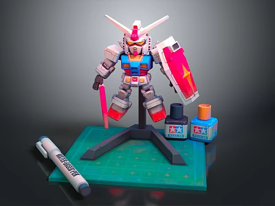 Gundam Model Figure With Red Shield Paint Bottles Marker And Green Mat 3d model