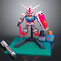 Gundam Model Figure With Red Shield Paint Bottles Marker And Green Mat