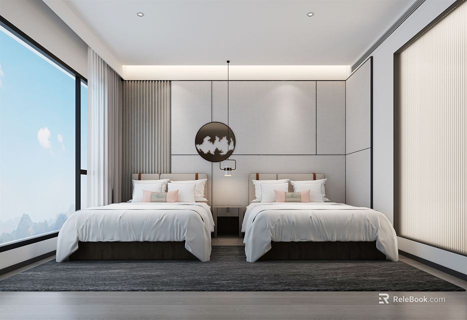 Modern Hotel Guest Room With Two Beds White Bedding Circular Wall Art And Large Windows 3d model 