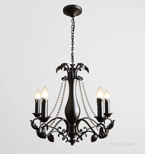 Classic Black Metal Chandelier With Ornate Design Chain Detail And Candle Shaped Bulbs 3d model 