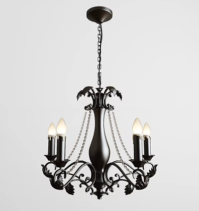 Classic Black Metal Chandelier With Ornate Design Chain Detail And Candle Shaped Bulbs 3d model