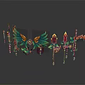 Vibrant Fantasy Weapons Spears Axes Swords With Green Wings And Ornate Red Gold Accents