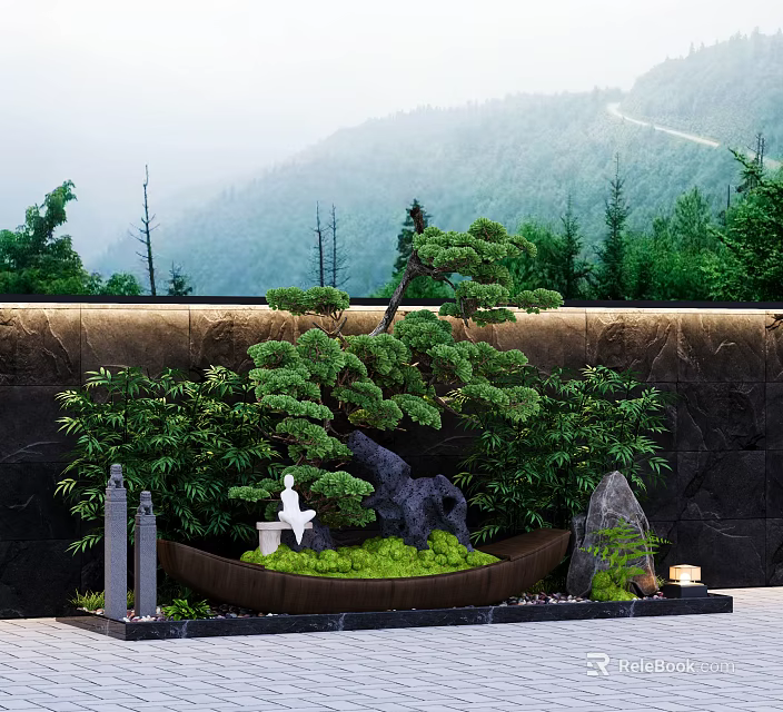 Tranquil Miniature Garden With Bonsai Pine Rockery White Statue Green Plants And Mountain View 3d model 