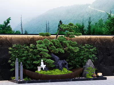 Tranquil Miniature Garden With Bonsai Pine Rockery White Statue Green Plants And Mountain View 3d model