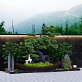 Tranquil Miniature Garden With Bonsai Pine Rockery White Statue Green Plants And Mountain View