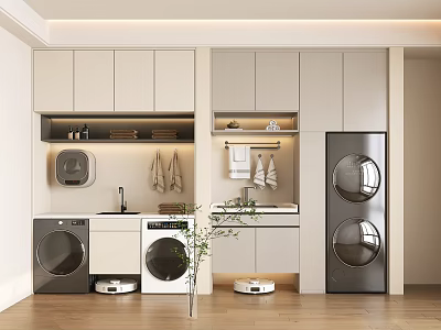 Modern Laundry Room Interior With Washing Machines Dryers Cabinets Sink And Robot Vacuum 3d model