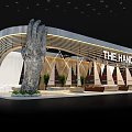 THE HANDS Exhibition Booth With Giant Stone Hand Sculpture Modern Curved Roof Wooden Accents Plants