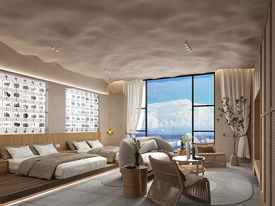 Cozy Natural Themed Hotel Guest Room With Double Beds Panoramic Sea View And Relaxing Lounge 3d model