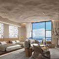 Cozy Natural Themed Hotel Guest Room With Double Beds Panoramic Sea View And Relaxing Lounge