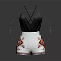 Black V Neck Sleeveless Top With White Shorts And Colorful Floral Patterns