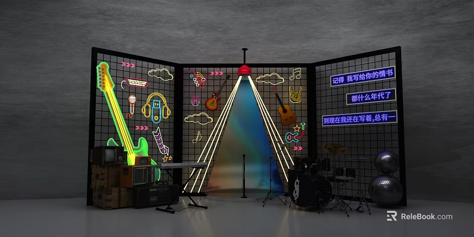Vibrant Photo Spot With Neon Lights Guitar Microphone Drum Set And Chinese Slogans 3d model 