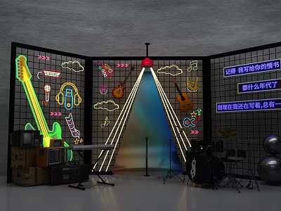 Vibrant Photo Spot With Neon Lights Guitar Microphone Drum Set And Chinese Slogans 3d model