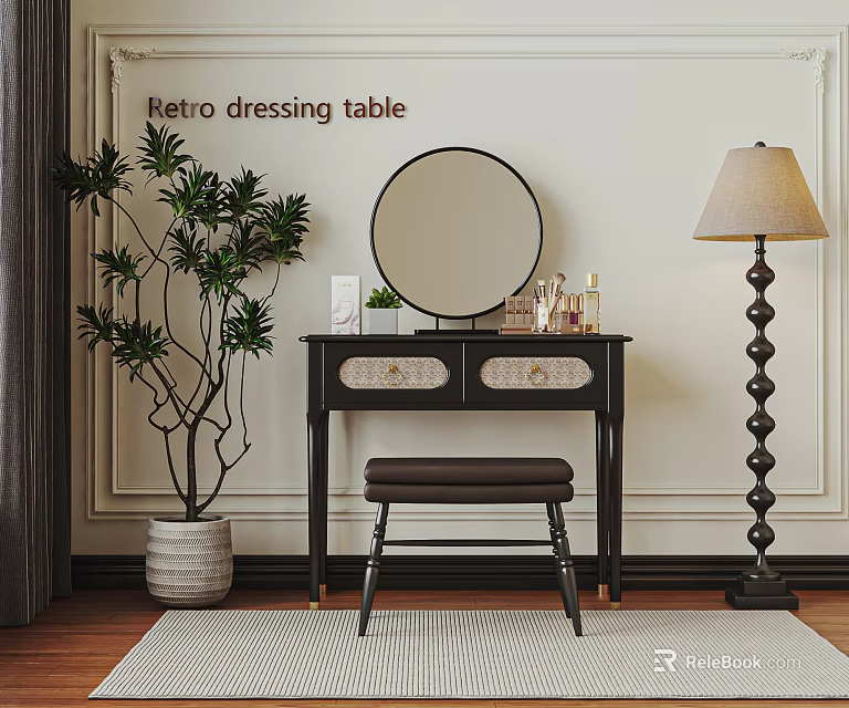 Retro Dressing Table With Round Mirror Stool Plant And Table Lamp 3d model 