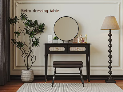 Retro Dressing Table With Round Mirror Stool Plant And Table Lamp 3d model