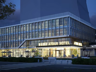 Modern ATOUR Hotel Building with Glass Facade and Illuminated Entrance Outdoor Seating Area at Dusk 3d model