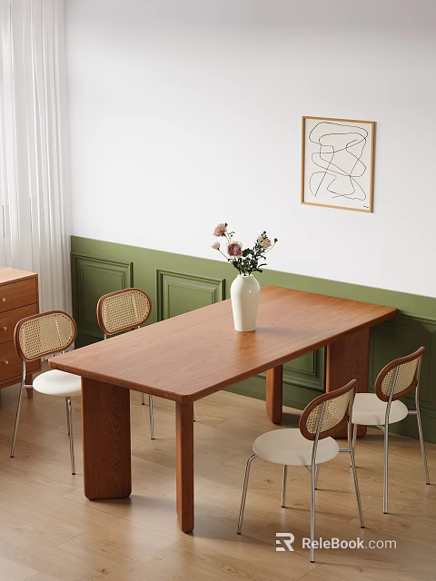 Bright Dining Room With Wooden Table Rattan Chairs White Vase Pink Flowers And Green Wall 3d model 