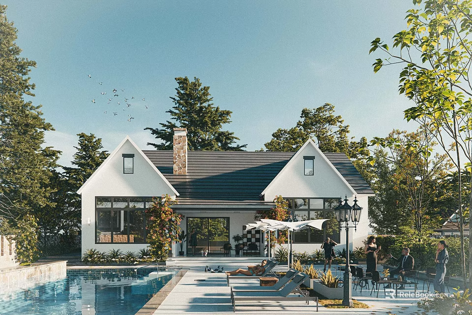 Single Family House With Pool Patio Outdoor Seating And Surrounding Lush Trees 3d model 
