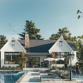 Single Family House With Pool Patio Outdoor Seating And Surrounding Lush Trees