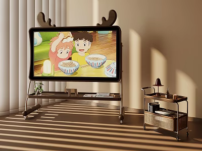 Deer Antler Decorated TV Showing Children Eating From Bowls In Sunlit Room With Trolley 3d model