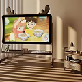 Deer Antler Decorated TV Showing Children Eating From Bowls In Sunlit Room With Trolley
