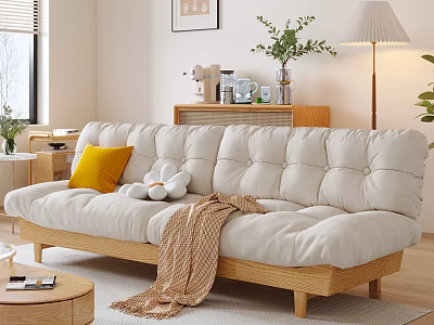 White Double Sofa With Yellow Cushions Brown Throw Blanket Wooden Frame Modern Cozy Living Room 3d model