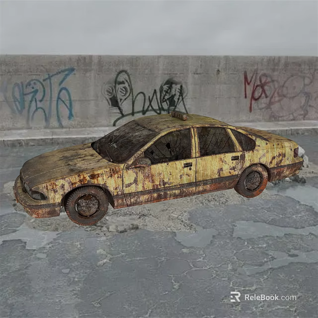 Rusty Yellow Abandoned Car Parked Near Graffiti Covered Concrete Wall 3d model 
