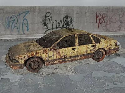 Rusty Yellow Abandoned Car Parked Near Graffiti Covered Concrete Wall 3d model