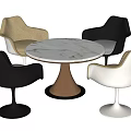 Modern Round Marble Table With Wooden Base And Multi Colored Chairs 3d model