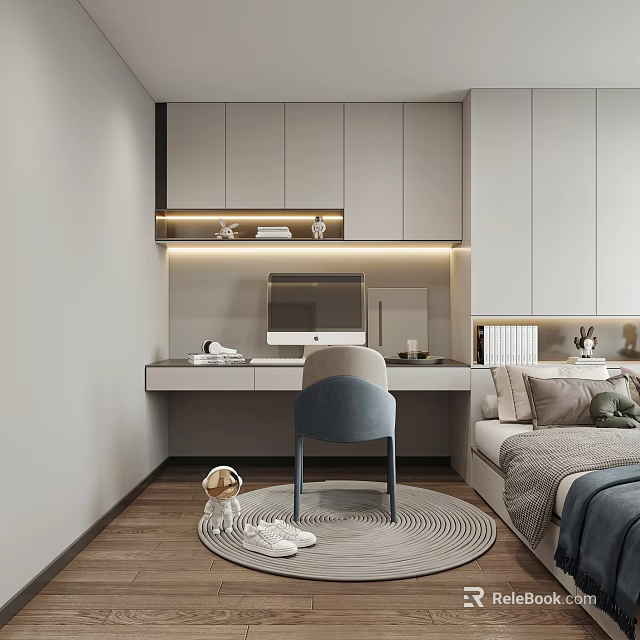 Cozy Modern Tatami Bedroom Interior With Writing Desk Computer Chair And Bed Pillows 3d model 