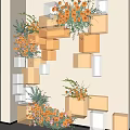 Decorative Wall Installation With Yellow Transparent Cubes And Orange Flowers