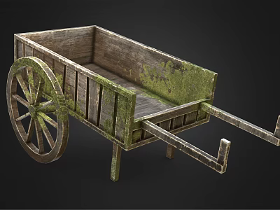 Vintage Wooden Cart With Mossy Surface And Large Spoked Wheel Design 3d model