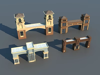 Different Styles Of Architectural Gate Designs With Tower And Arch Elements 3d model