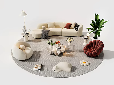 Modern Beige Sofa and Glass Coffee Table Set with Round Rug Green Plant Red Chair 3d model