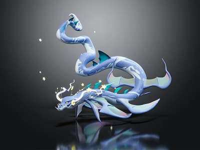 3D Model Light Blue White Dragon with Glowing Details Curved Body and Shiny Scales 3d model